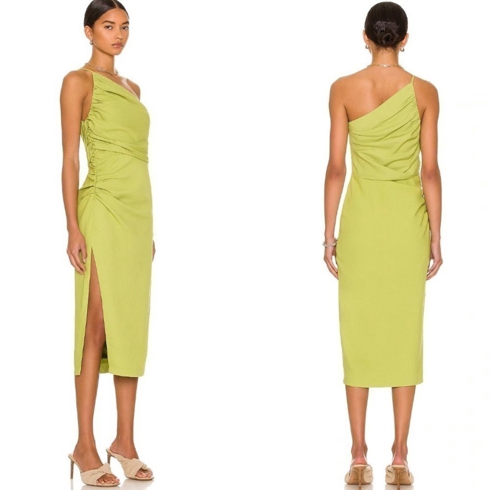 The Sei Gathered One Shoulder Ruched Slit Midi Dress Green Cocktail Party